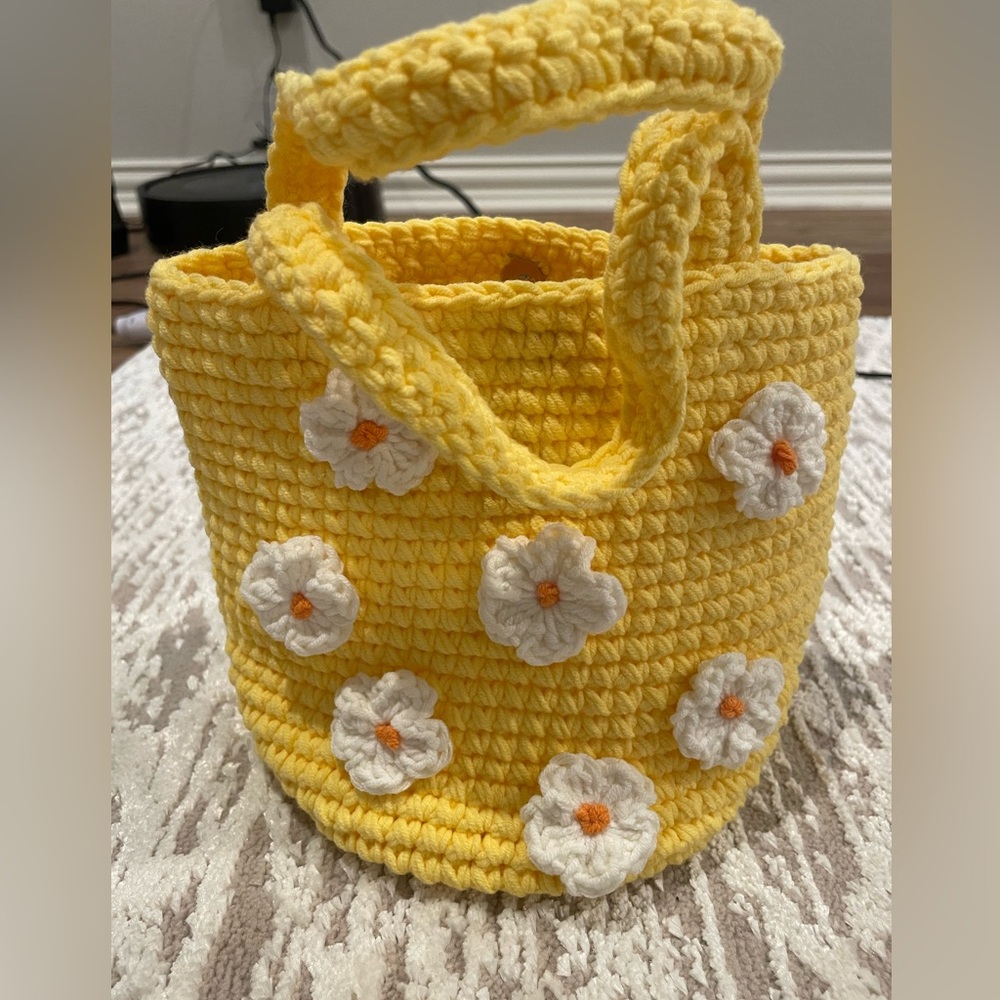 Handcrafted crochet yellow flower bucket bag